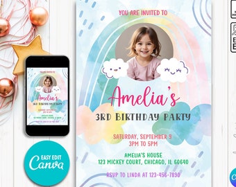 Rainbow Birthday Invitation Colorful Pastel Rainbow Party Invite Rainbow of Fun Girl Editable Printable Download, cartoon rainbow birthday
