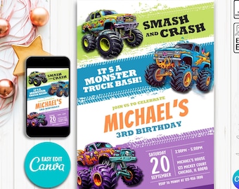 Monster Truck Birthday Party Invitation, Monster Truck Invite, Truck Invite, Monster Truck Theme, Invitation For Boy, Editable Invitation