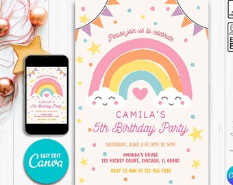 May include: A printable invitation for a 5th birthday party featuring a rainbow with clouds and a heart. The invitation is decorated with stars and confetti. The text on the invitation reads "Please join us to celebrate Camila's 5th Birthday Party. Saturday, June 9 at 3 PM to 5 PM. Amanda's House, 123 Mickey Court, Chicago, IL 60640. RSVP to Ann at 123-456-7890."