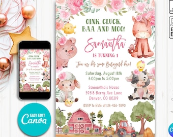 Farm Birthday Invitation Template, Editable Barn Animals Party Invite, Ranch Kids Birthday, Floral Barnyard Animals, Instant Download N32