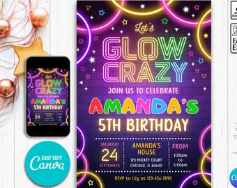 Glow Party Birthday Invitation, Glow Invitation, girl, boy, Neon Party Invite, Neon Lights, Glow Party Template, Editable Canva, Glow Evite