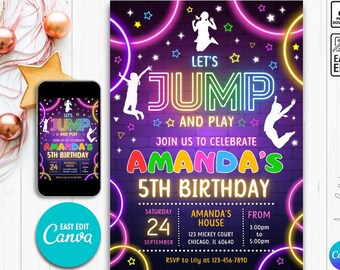 boys jump birthday invitation, neon glow jump, Jump Invite, Trampoline Party, Bounce House, Let's Jump Party, Trampoline Park, Jump Party