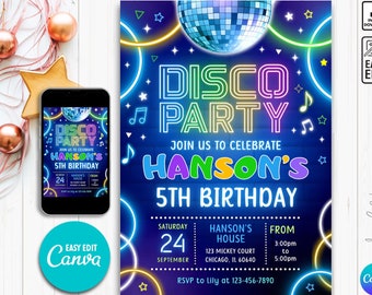 Disco Party Birthday Invitation Template, Disco Invitation, Dance Party, Glow Neon Party Invite, Neon Glow Disco, Glow Party Template