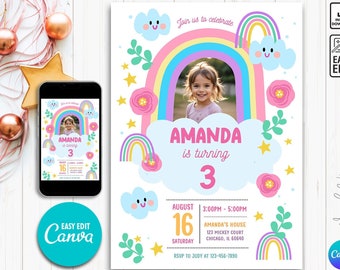 Rainbow Birthday Invitation Colorful Pastel Rainbow Party Invite Rainbow of Fun Girl Editable Printable Download, cartoon rainbow birthday