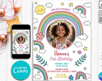Rainbow Birthday Invitation Colorful Pastel Rainbow Party Invite Rainbow of Fun Girl Editable Printable Download, cartoon rainbow birthday
