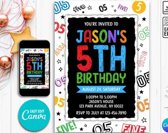 May include: A colorful birthday invitation with a black background and white torn edges. The invitation says "You're invited to Jason's 5th Birthday" with the number 5 in rainbow colors. The date is August 24, Saturday. The time is 3:00pm to 5:00pm at Jason's house, 123 Park Avenue, NY 10022. RSVP to July at 123-456-7890.