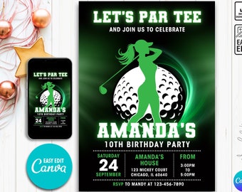Plantilla de invitación de cumpleaños de golf, invitación de golf, invitación de cumpleaños de golf, invitación de fiesta de golf para niñas, fiesta de cumpleaños deportiva, Let's Par Tee Canva