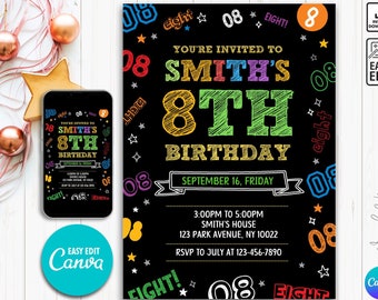 Editable Boy Birthday Invitation, Boy Invitation, 8th boy invitation, Printable 8th Birthday invitation, 8th Birthday, Neon boy Invitation