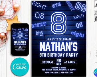 Editable Boy Birthday Invitation, Boy Invitation, 8th boy invitation, 8th Birthday invitation, 8th Birthday, Printable Neon Birthday Invite