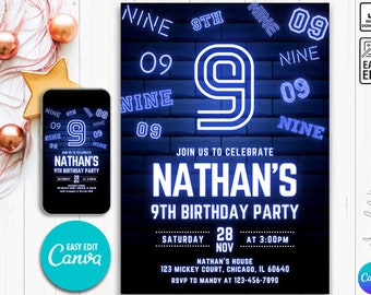 Editable Boy Birthday Invitation, Boy Invitation, 9th boy invitation, 9th Birthday invitation, 9th Birthday, Neon Printable Birthday Invite