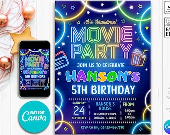 Bewerkbare filmverjaardagsuitnodiging filmuitnodiging bioscoopuitnodiging, afdrukbare verjaardagsuitnodiging, bioscoop verjaardagsuitnodiging, Glow Party