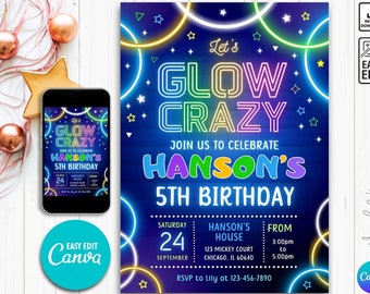 May include: A neon glow-in-the-dark birthday party invitation with a blue background and colorful neon circles. The text reads "Let's Glow Crazy" and "Join us to celebrate Hanson's 5th Birthday". The invitation includes the date, time, and location of the party.