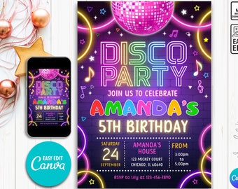 Disco Party Birthday Invitation Template, Disco Invitation, Dance Party, Glow Neon Party Invite, Neon Glow Disco, Glow Party Template