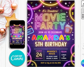 Bewerkbare filmverjaardagsuitnodiging filmuitnodiging bioscoopuitnodiging, afdrukbare verjaardagsuitnodiging, bioscoop verjaardagsuitnodiging, Glow Party