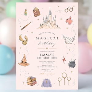 May include: A pale pink birthday invitation card featuring illustrations of a castle, a wand, a golden snitch, an owl, a sorting hat, books, a sweater with an E, and a cauldron. Text reads: YOU'RE INVITED TO A MAGICAL birthday, EMMA'S 8TH BIRTHDAY.