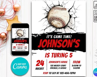 May include: Baseball-themed birthday party invitation with a cracked wall background and a baseball breaking through the wall. The invitation is for Johnson's 5th birthday party on August 24th from 3:00 PM to 5:00 PM at Johnson's house. RSVP to Lily at 123-456-7890.