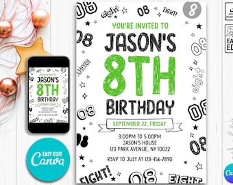 Editable Boy Birthday Invitation, Boy Invitation, 8th boy invitation, 8th Birthday invitation, 8th Birthday, Instant Download Boy Invitation