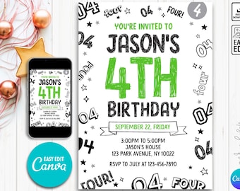 Editable Boy Birthday Invitation, Boy Invitation, Number Birthday Invitation, 4th Birthday, Instant Download Boy Invitation, Canva Template
