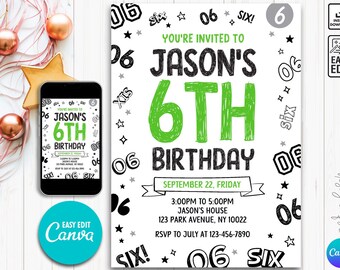 Editable Boy Birthday Invitation, Boy Invitation, 6th Birthday, Boy 6th invitation, 6th invitation, 6th Birthday invite, Canva template
