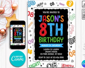 Editable Boy Birthday Invitation, Boy Invitation, 8th boy invitation, 8th Birthday invitation, 8th Birthday, Instant Download Boy Invitation