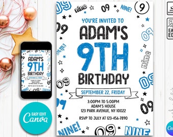Editable Boy Birthday Invitation, Boy Invitation, 9th boy invitation, 9th Birthday invitation, 9th Birthday, Instant Download Boy Invitation