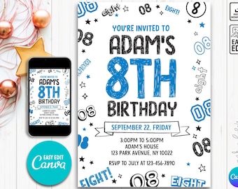 Editable Boy Birthday Invitation, Boy Invitation, 8th boy invitation, 8th Birthday invitation, 8th Birthday, Instant Download Boy Invitation
