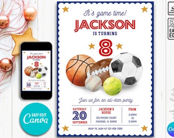 May include: A sports-themed birthday party invitation with a blue and white border. The invitation features a watercolor illustration of a basketball, soccer ball, baseball, football, and tennis ball. The text on the invitation reads "It's game time! Jackson is turning 8. Join us for an all-star party. Saturday, September 20, Jackson's House, 123 Mickey Court, Chicago, IL 60640, From 3:00PM to 5:00PM. RSVP to Judy at 123-456-7890."