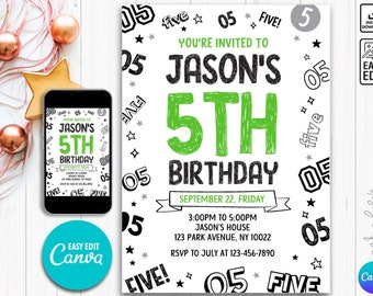 May include: A birthday party invitation with the text "You're invited to Jason's 5th Birthday" in black and green. The invitation includes the date, time, and location. The design features stars and the number "05" in a playful font.