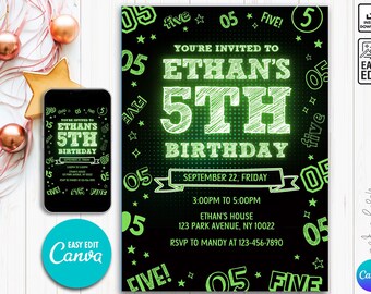 May include: A black and green birthday invitation with the text "You're invited to Ethan's 5th Birthday" in a green glow-in-the-dark font. The invitation includes the date, time, and location of the party. The background is a black and green pixelated pattern.