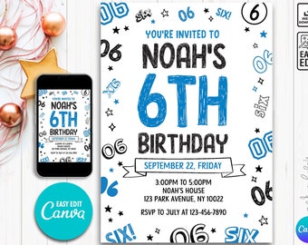 Editable Boy Birthday Invitation, Boy Invitation, 6th Birthday, Boy 6th invitation, 6th invitation, 6th Birthday invite, Canva template