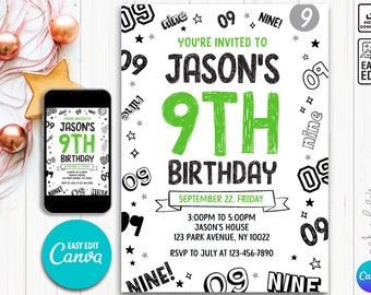 Editable Boy Birthday Invitation, Boy Invitation, 9th boy invitation, 9th Birthday invitation, 9th Birthday, Instant Download Boy Invitation