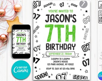 Editable Boy Birthday Invitation, Boy Invitation, 7th boy invitation, 7th Birthday invitation, 7th Birthday, Instant Download Boy Invitation