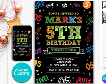 May include: A colorful chalkboard style birthday invitation for a 5th birthday party. The invitation features the text "You're invited to Mark's 5th Birthday" with a rainbow of colors and the date "September 16, Friday".