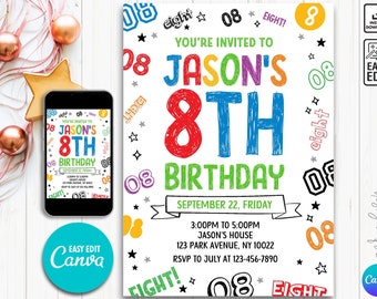 Editable Boy Birthday Invitation, Boy Invitation, 8th boy invitation, 8th Birthday invitation, 8th Birthday, Instant Download Boy Invitation