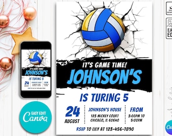 Convite de Vôlei Editável, Convite para Festa de Aniversário com Tema de Vôlei, Convite para Festa de Vôlei, Esportes, Convite para Jogo de Bola, Download Instantâneo