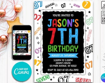 Editable Boy Birthday Invitation, Boy Invitation, 7th boy invitation, 7th Birthday invitation, 7th Birthday, Instant Download Boy Invitation