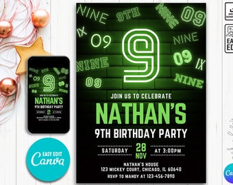 Editable Boy Birthday Invitation, Boy Invitation, 9th boy invitation, 9th Birthday invitation, 9th Birthday, Neon Printable Birthday Invite