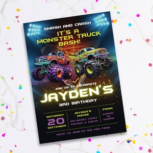 May include: A birthday invitation for a monster truck themed party. The invitation features two monster trucks, one purple and one green, with the text "Smash and Crash It's a Monster Truck Bash!" and "Jayden's 3rd Birthday". The invitation also includes the date, time, and location of the party.