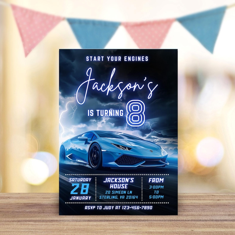May include: A blue and black birthday invitation with a blue Lamborghini sports car. The invitation says "Start your engines" and "Jackson's is turning 8". The date is Saturday, January 28th, from 3:00 PM to 5:00 PM. The address is 20 Simeon Ln, Sterling, VA 20164. RSVP to Judy at 123-456-7890.