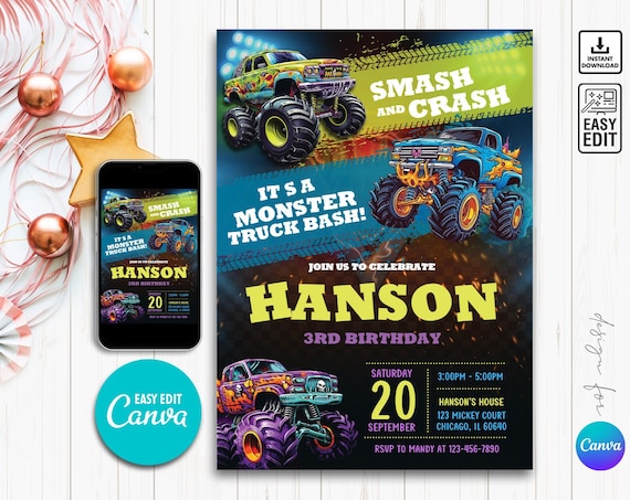Monster Truck Birthday Party Invitation, Monster Truck Invite, Truck Invite, Monster Truck Theme, Invitation For Boy, Editable Invitation