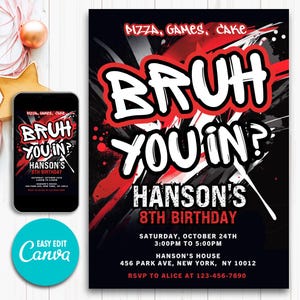 Invitation d'anniversaire garçon adolescent, carte Bruh néon graffiti, modèle de toile modifiable, Evite Party du 8 au 13, téléchargement immédiat, invitation d'anniversaire Bruh