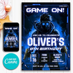 Spiel zum Geburtstag einladen, 10. Gamer Party Flyer, Teen Boy Digital Evite, FPS Action Theme, bearbeitbare Canva Karte, Game On Party Evite für Jungen