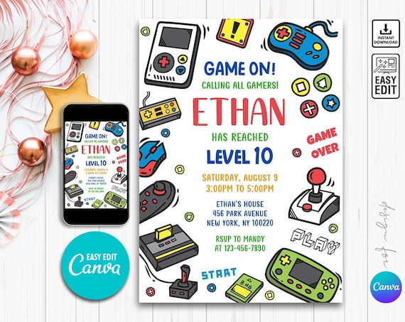 Video Game Birthday Invitation Template, Video Game Invitation, Vintage vifdeo game invitation, Kid Invite, Boys Game Party, Editable Canva