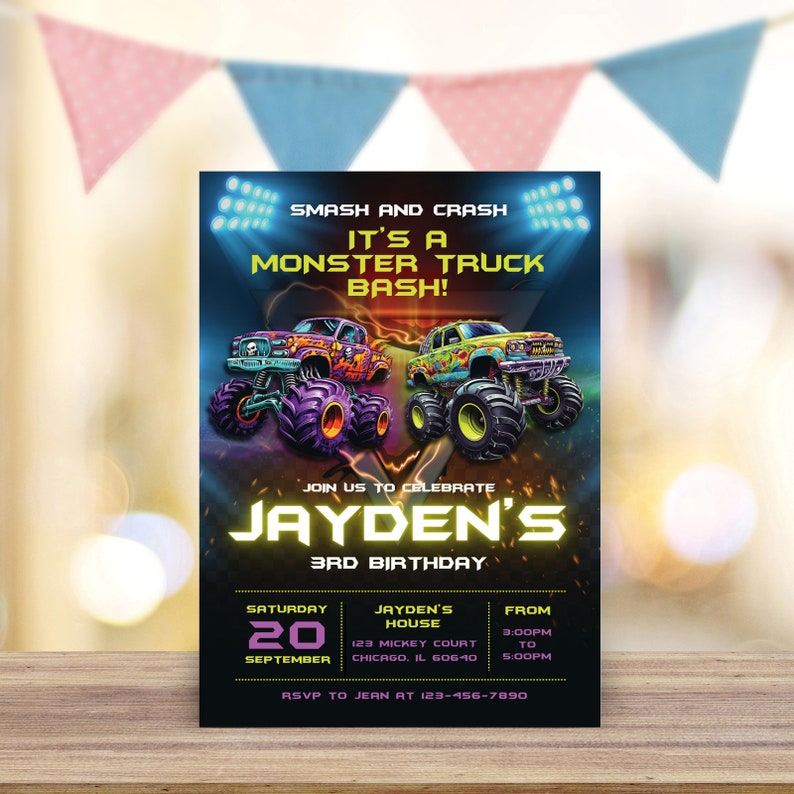 May include: A birthday invitation for a monster truck themed party. The invitation features two monster trucks, one purple and one green, with flames and skulls. The text on the invitation reads "Smash and Crash It's a Monster Truck Bash!" and "Jayden's 3rd Birthday".