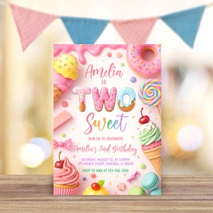 May include: A birthday invitation with a sweet theme. The invitation features the text "Amelia is Two Sweet" with colorful illustrations of ice cream cones, donuts, and candies. The invitation also includes the date, time, and location of the party.