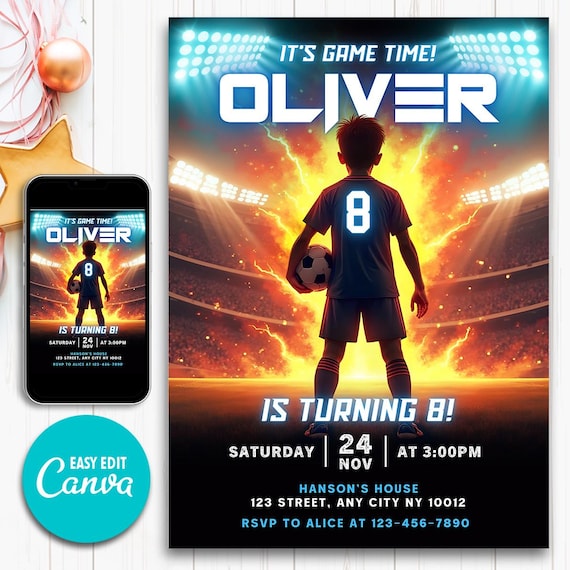Editable Soccer Party Invitation, Printable Football Evite for Boys, Digital Canva Template, Instant Download Invite, Soccer Birthday Invite