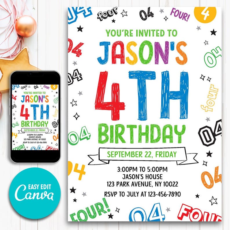 K&ouml;nnte beinhalten: Eine wei&szlig;e Geburtstagseinladung mit farbenfrohem Text mit der Aufschrift "Du bist zu Jasons 4. Geburtstag eingeladen". Die Einladung enth&auml;lt Datum, Uhrzeit und Ort. Ein Smartphone zeigt dieselbe Einladung an. Das Canva-Logo ist sichtbar.