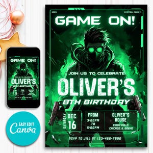 Game On Birthday einladen, Gamer Party Evite, Action FPS Theme, bearbeitbare Canva Vorlage, Teen Boy Digitale Karte, sofortiger Download, Gamer Bday