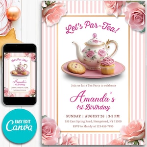 Tea Party Birthday Invitation | Editable Canva Template | Digital Evite for Girls | Printable Tea Party Invite | Floral Party Invitation