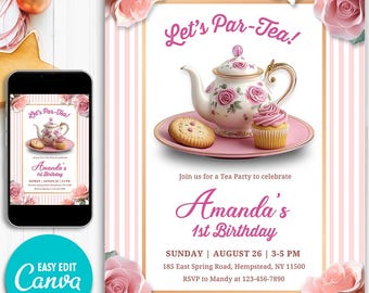 Tee-Party-Geburtstags-Einladung | Bearbeitbare Canva Vorlage | Digitale Evite für Mädchen | Ausdruckbare Tee Party Einladen | Blumen-Party Einladung